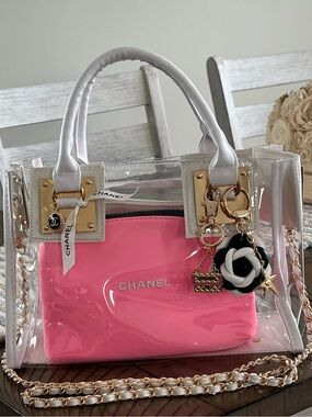 Custom Upcycled Chanel Beauté Clear Bag w Authentic Charms, Ribbon & Makeup Bag
